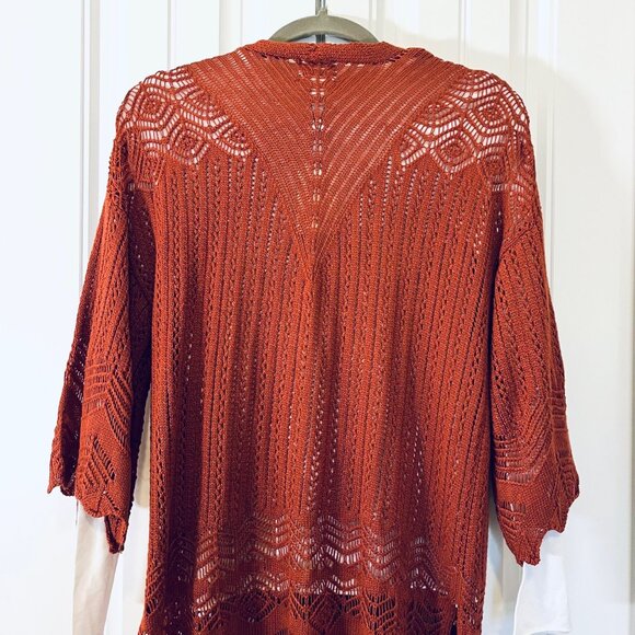 Hippie Rose Pointelle Open Front Cardigan Sweater in Rust/Barn Red (M) New w/tag - Picture 7 of 11